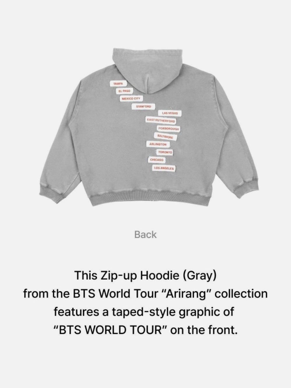 BTS Arirang World Tour Zip Up Hoodie Grey L - Picture 2 of 9